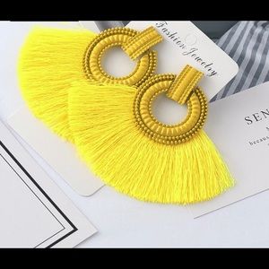 Yellow boho big tassel fringe drop earrings